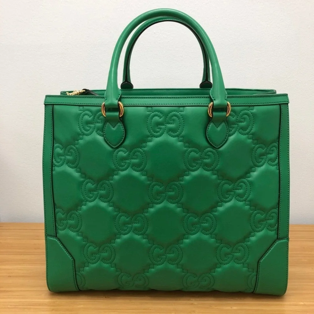Gucci GG Matelasse Tote Women Large Green Leather Quilted Gold Hardware Bag